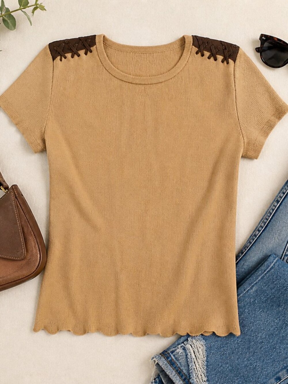 Ralph Lauren Tan Short Sleeve Top Western-Inspired Women’s Size L